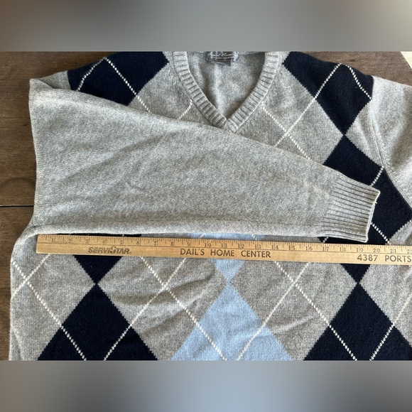 DANIEL CREMIEUX Mens 100% Cashmere V Neck Sweater Gray Blue Argyle Sz XL - Picture 7 of 9